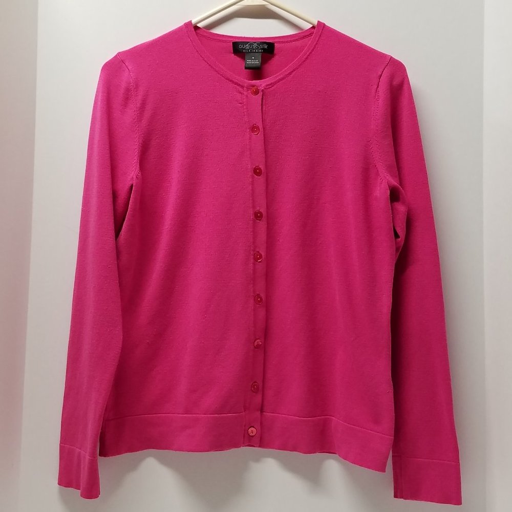 August Silk Button Down Silk Blend Crewneck Cardigan in Hot Pink